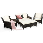 5 Piece Patio Rattan Furniture Set Sectional Sofa Set with Cushions, 2 Ottomans & Loveseat, Outdoor Wicker Conversation Set for Backyard