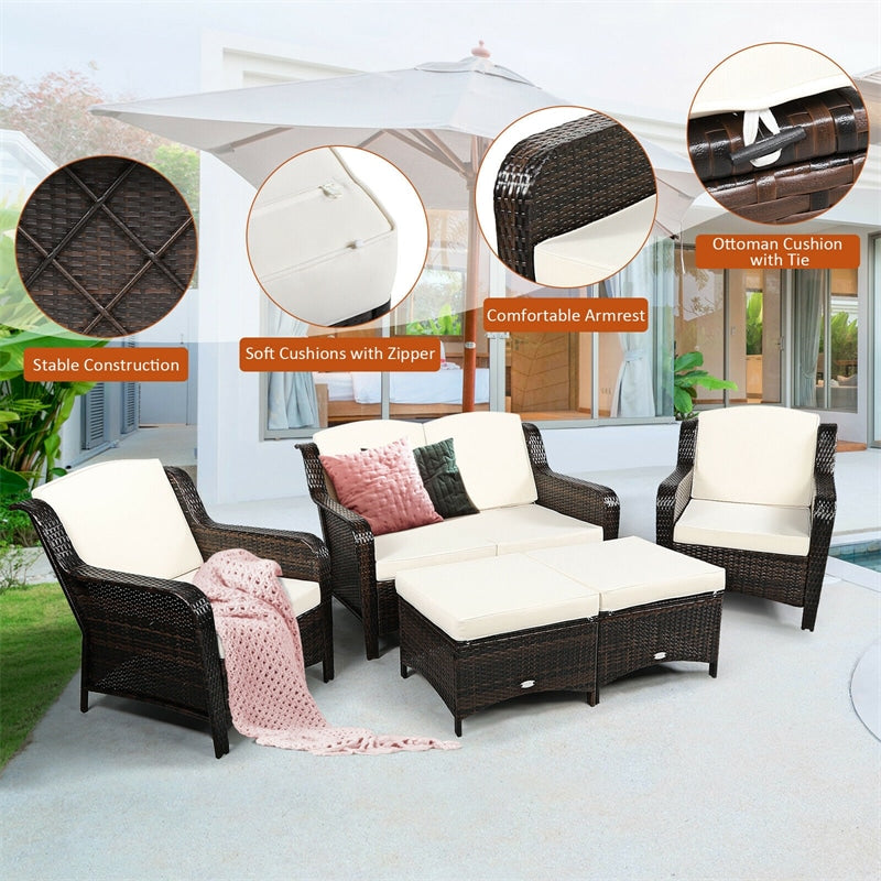 5 Piece Patio Rattan Furniture Set Sectional Sofa Set with Cushions, 2 Ottomans & Loveseat, Outdoor Wicker Conversation Set for Backyard