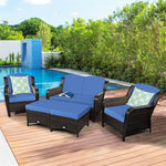 5 Piece Patio Rattan Furniture Set Sectional Sofa Set with Cushions, 2 Ottomans & Loveseat, Outdoor Wicker Conversation Set for Backyard