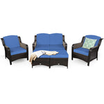 5 Piece Patio Rattan Furniture Set Sectional Sofa Set with Cushions, 2 Ottomans & Loveseat, Outdoor Wicker Conversation Set for Backyard