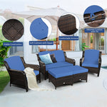 5 Piece Patio Rattan Furniture Set Sectional Sofa Set with Cushions, 2 Ottomans & Loveseat, Outdoor Wicker Conversation Set for Backyard