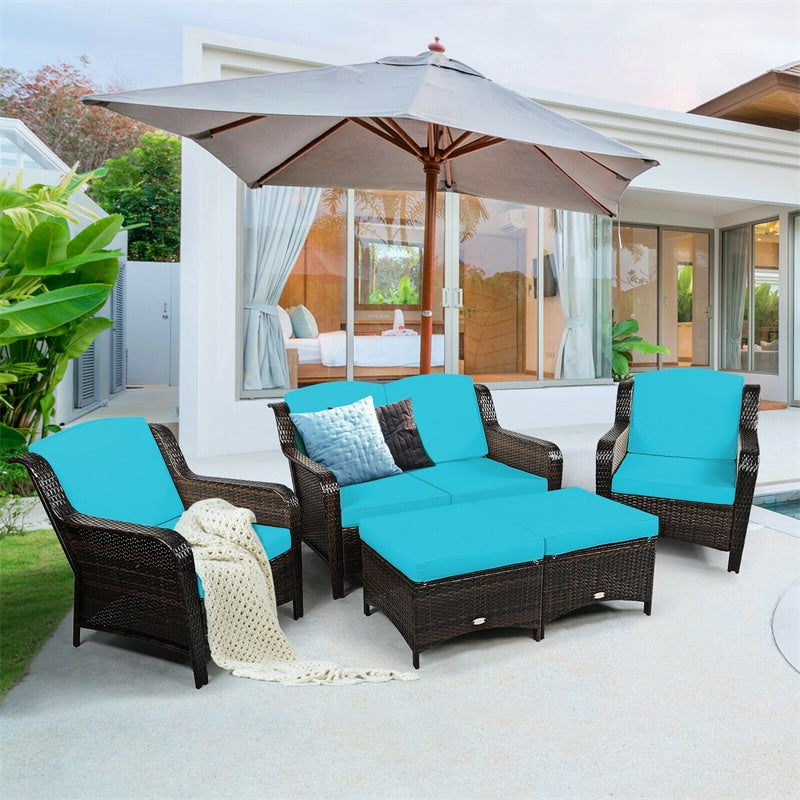 5 Piece Patio Rattan Furniture Set Sectional Sofa Set with Cushions, 2 Ottomans & Loveseat, Outdoor Wicker Conversation Set for Backyard