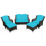 5 Piece Patio Rattan Furniture Set Sectional Sofa Set with Cushions, 2 Ottomans & Loveseat, Outdoor Wicker Conversation Set for Backyard