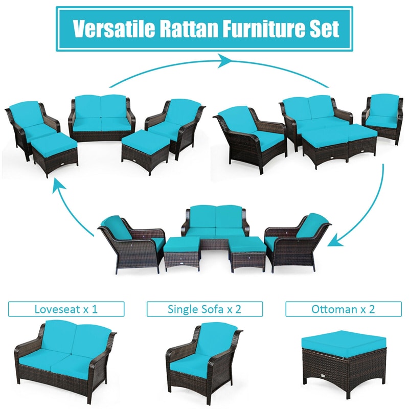 5 Piece Patio Rattan Furniture Set Sectional Sofa Set with Cushions, 2 Ottomans & Loveseat, Outdoor Wicker Conversation Set for Backyard