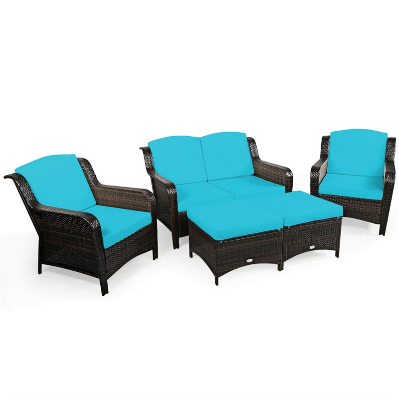 5 Piece Patio Rattan Furniture Set Sectional Sofa Set with Cushions, 2 Ottomans & Loveseat, Outdoor Wicker Conversation Set for Backyard