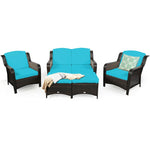 5 Piece Patio Rattan Furniture Set Sectional Sofa Set with Cushions, 2 Ottomans & Loveseat, Outdoor Wicker Conversation Set for Backyard