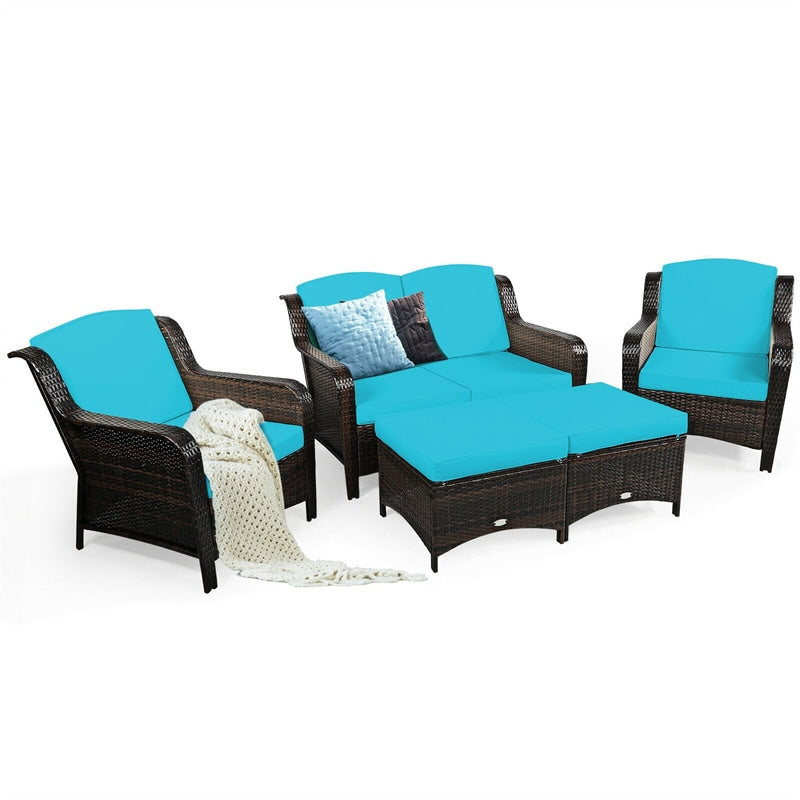 5 Piece Patio Rattan Furniture Set Sectional Sofa Set with Cushions, 2 Ottomans & Loveseat, Outdoor Wicker Conversation Set for Backyard