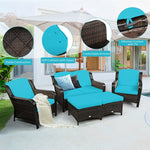 5 Piece Patio Rattan Furniture Set Sectional Sofa Set with Cushions, 2 Ottomans & Loveseat, Outdoor Wicker Conversation Set for Backyard