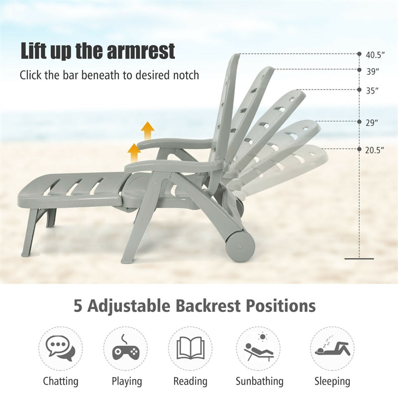 Folding Outdoor Chaise Lounge Chair 5 Position Adjustable Reclining Poolside Deck Lounger with Wheels