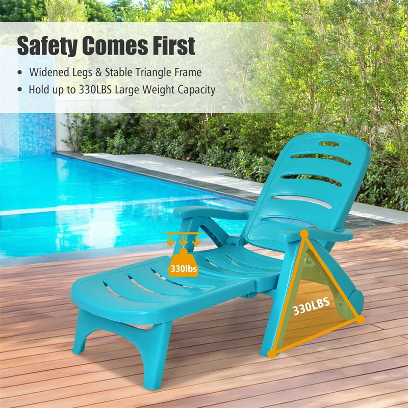 Folding Outdoor Chaise Lounge Chair 5 Position Adjustable Reclining Poolside Deck Lounger with Wheels