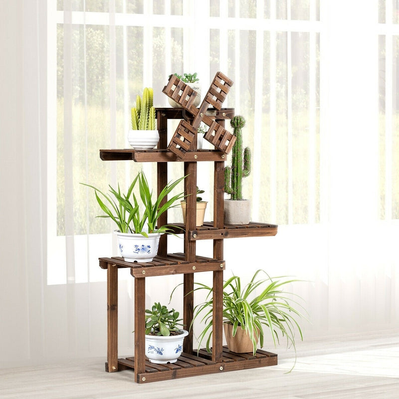 5 Tier Wood Plant Stand Flower Pot Holder with Windmill