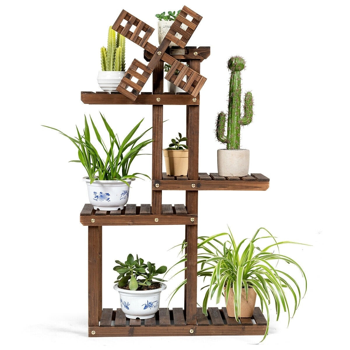 5 Tier Wood Plant Stand Flower Pot Holder with Windmill