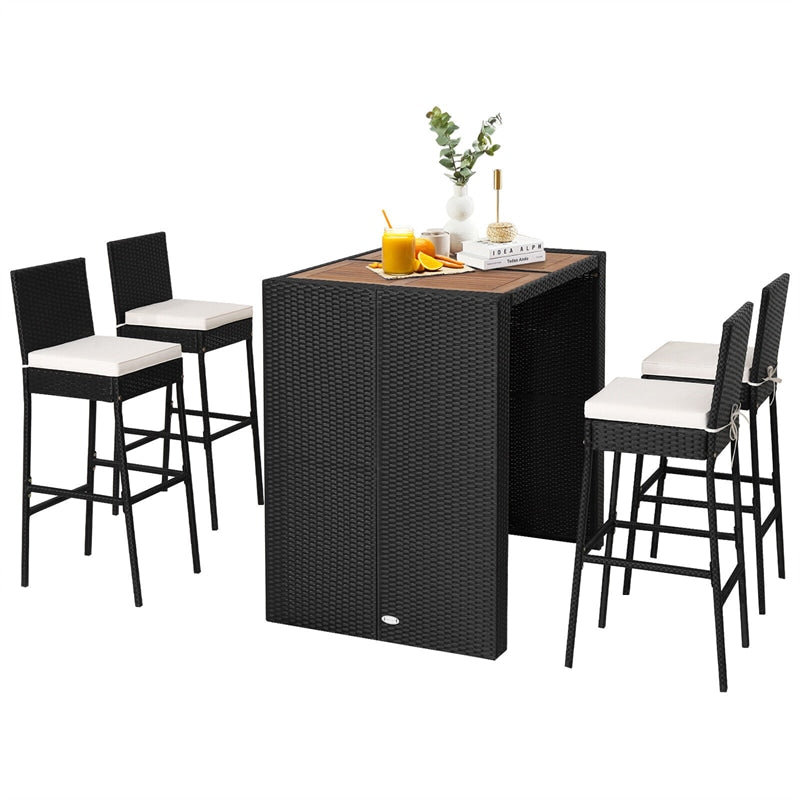 5 Piece Patio PE Wicker Bar Set Acacia Wood Bar Height Table & 4 Rattan Bar Stools with Backrest, Footrest, Cushions, Outdoor Bar Height Bistro Set