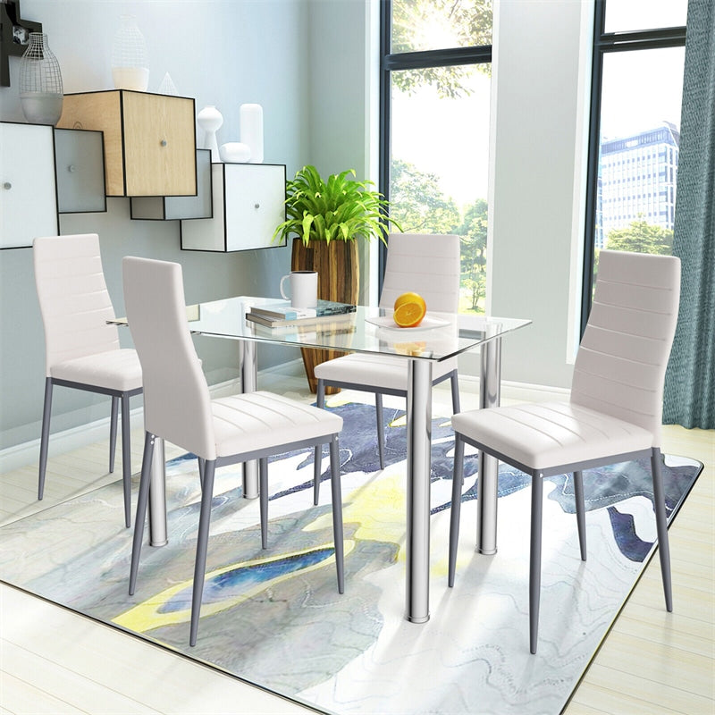 5 Piece Modern Dining Room Set with Tempered Glass Top Dining Table & 4 Leather Chairs, Kitchen Table and Chairs Set for 4