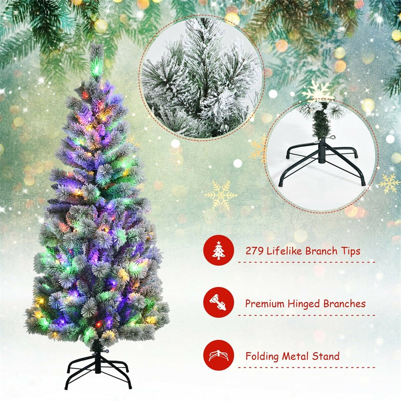 5FT Pre-Lit Snow Flocked Christmas Tree with 140 Multicolor LED Lights, 9 Lighting Modes, Remote Controller, 279 PVC Branch Tips for Indoor Decor