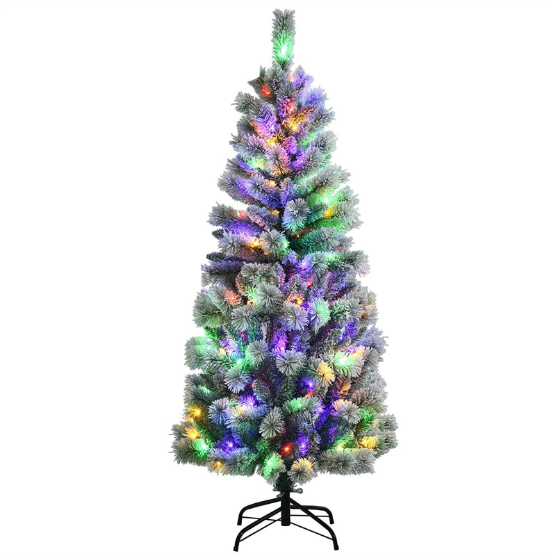 5FT Pre-Lit Snow Flocked Christmas Tree with 140 Multicolor LED Lights, 9 Lighting Modes, Remote Controller, 279 PVC Branch Tips for Indoor Decor