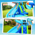 Inflatable Water Slide Hippo Theme Kids Waterslide Park with Long Slide, Splash Pool, Climbing Wall & 740W Blower for Outdoor Backyard Party Gifts