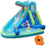 Inflatable Water Slide Hippo Theme Kids Waterslide Park with Long Slide, Splash Pool, Climbing Wall & 740W Blower for Outdoor Backyard Party Gifts