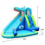 Inflatable Water Slide Hippo Theme Kids Waterslide Park with Long Slide, Splash Pool, Climbing Wall & 740W Blower for Outdoor Backyard Party Gifts