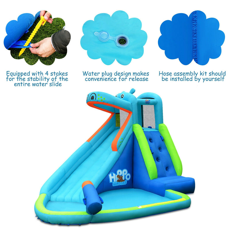 Inflatable Water Slide Hippo Theme Kids Waterslide Park with Long Slide, Splash Pool, Climbing Wall & 740W Blower for Outdoor Backyard Party Gifts