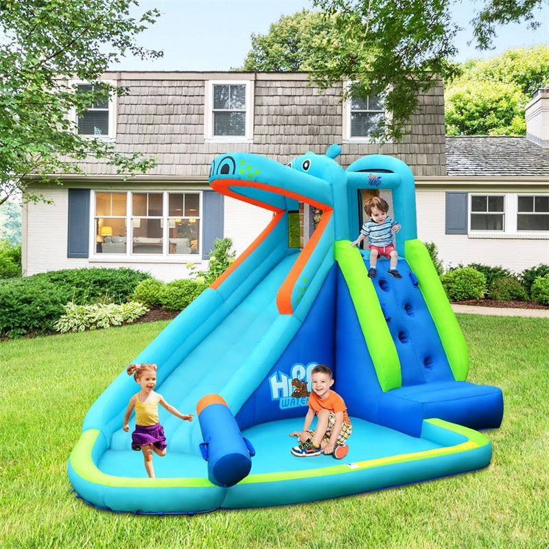 Inflatable Water Slide Hippo Theme Kids Waterslide Park with Long Slide, Splash Pool, Climbing Wall & 740W Blower for Outdoor Backyard Party Gifts