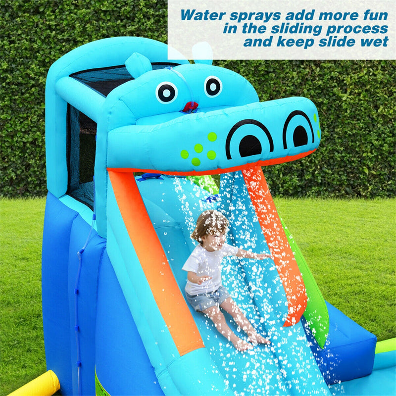 Inflatable Water Slide Hippo Theme Kids Waterslide Park with Long Slide, Splash Pool, Climbing Wall & 740W Blower for Outdoor Backyard Party Gifts