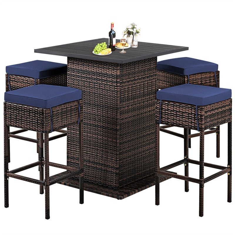 5 Piece Wicke Patio Bar Set Rattan Garden Bar Furniture Set with 4 Cushioned Stools & Hidden 2-Tier Storage Shelf