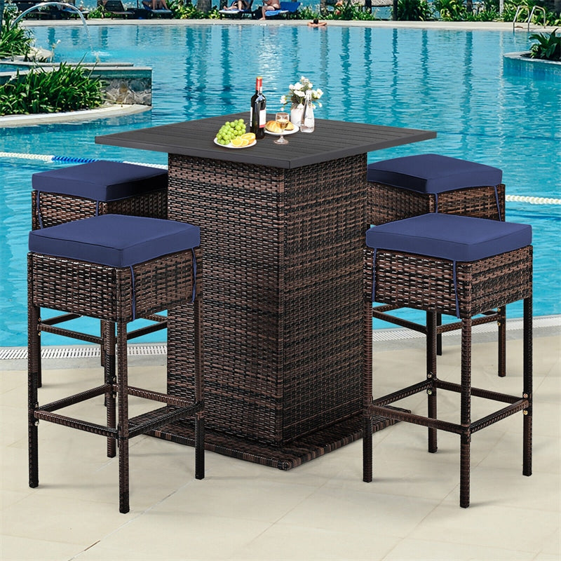 5 Piece Wicke Patio Bar Set Rattan Garden Bar Furniture Set with 4 Cushioned Stools & Hidden 2-Tier Storage Shelf