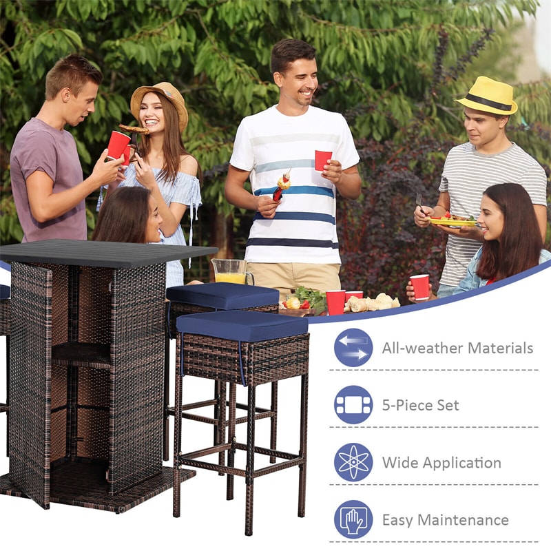 5 Piece Wicke Patio Bar Set Rattan Garden Bar Furniture Set with 4 Cushioned Stools & Hidden 2-Tier Storage Shelf