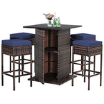 5 Piece Wicke Patio Bar Set Rattan Garden Bar Furniture Set with 4 Cushioned Stools & Hidden 2-Tier Storage Shelf