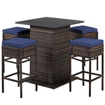 5 Piece Wicke Patio Bar Set Rattan Garden Bar Furniture Set with 4 Cushioned Stools & Hidden 2-Tier Storage Shelf