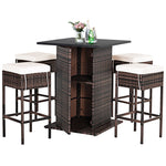 5 Piece Wicke Patio Bar Set Rattan Garden Bar Furniture Set with 4 Cushioned Stools & Hidden 2-Tier Storage Shelf