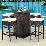 5 Piece Wicke Patio Bar Set Rattan Garden Bar Furniture Set with 4 Cushioned Stools & Hidden 2-Tier Storage Shelf