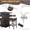 5 Piece Wicke Patio Bar Set Rattan Garden Bar Furniture Set with 4 Cushioned Stools & Hidden 2-Tier Storage Shelf