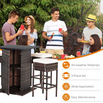 5 Piece Wicke Patio Bar Set Rattan Garden Bar Furniture Set with 4 Cushioned Stools & Hidden 2-Tier Storage Shelf