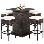 5 Piece Wicke Patio Bar Set Rattan Garden Bar Furniture Set with 4 Cushioned Stools & Hidden 2-Tier Storage Shelf