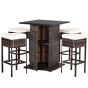 5 Piece Wicke Patio Bar Set Rattan Garden Bar Furniture Set with 4 Cushioned Stools & Hidden 2-Tier Storage Shelf