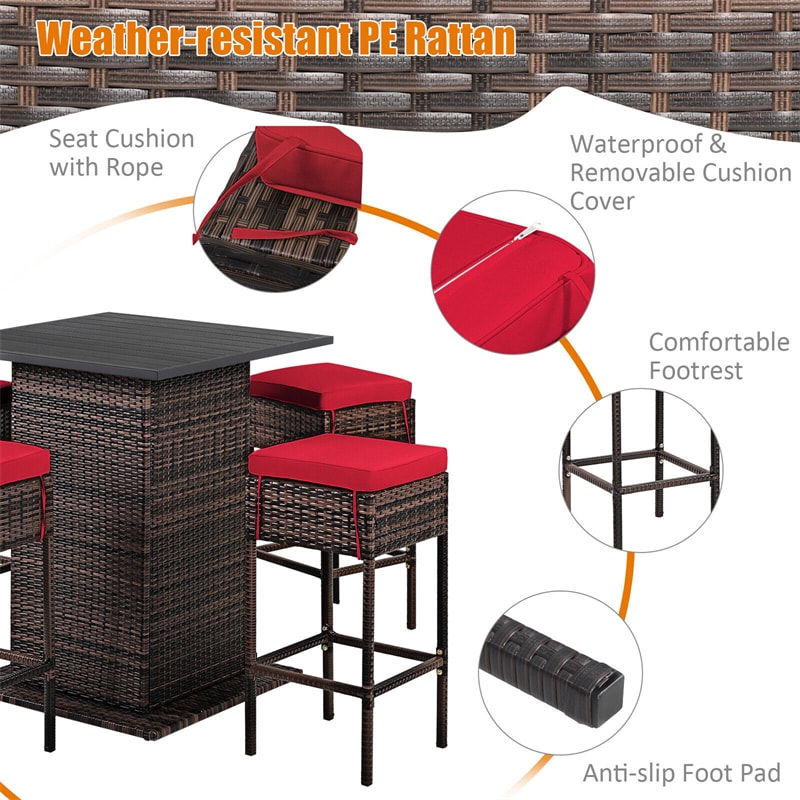 5 Piece Wicke Patio Bar Set Rattan Garden Bar Furniture Set with 4 Cushioned Stools & Hidden 2-Tier Storage Shelf