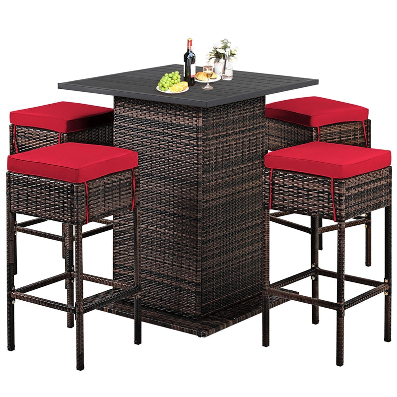 5 Piece Wicke Patio Bar Set Rattan Garden Bar Furniture Set with 4 Cushioned Stools & Hidden 2-Tier Storage Shelf