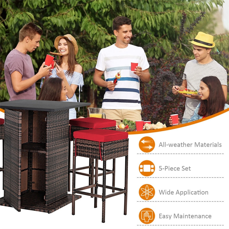 5 Piece Wicke Patio Bar Set Rattan Garden Bar Furniture Set with 4 Cushioned Stools & Hidden 2-Tier Storage Shelf