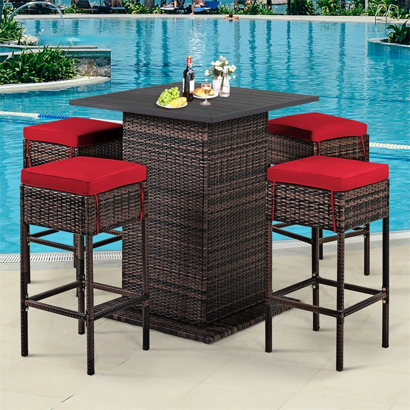 5 Piece Wicke Patio Bar Set Rattan Garden Bar Furniture Set with 4 Cushioned Stools & Hidden 2-Tier Storage Shelf