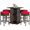 5 Piece Wicke Patio Bar Set Rattan Garden Bar Furniture Set with 4 Cushioned Stools & Hidden 2-Tier Storage Shelf