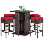 5 Piece Wicke Patio Bar Set Rattan Garden Bar Furniture Set with 4 Cushioned Stools & Hidden 2-Tier Storage Shelf