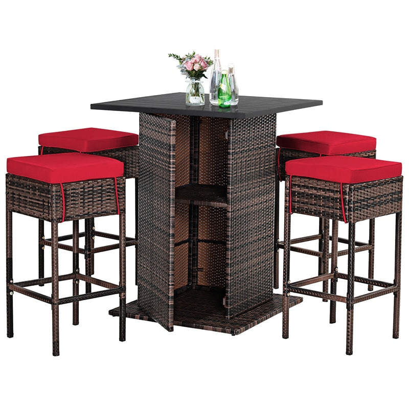 5 Piece Wicke Patio Bar Set Rattan Garden Bar Furniture Set with 4 Cushioned Stools & Hidden 2-Tier Storage Shelf