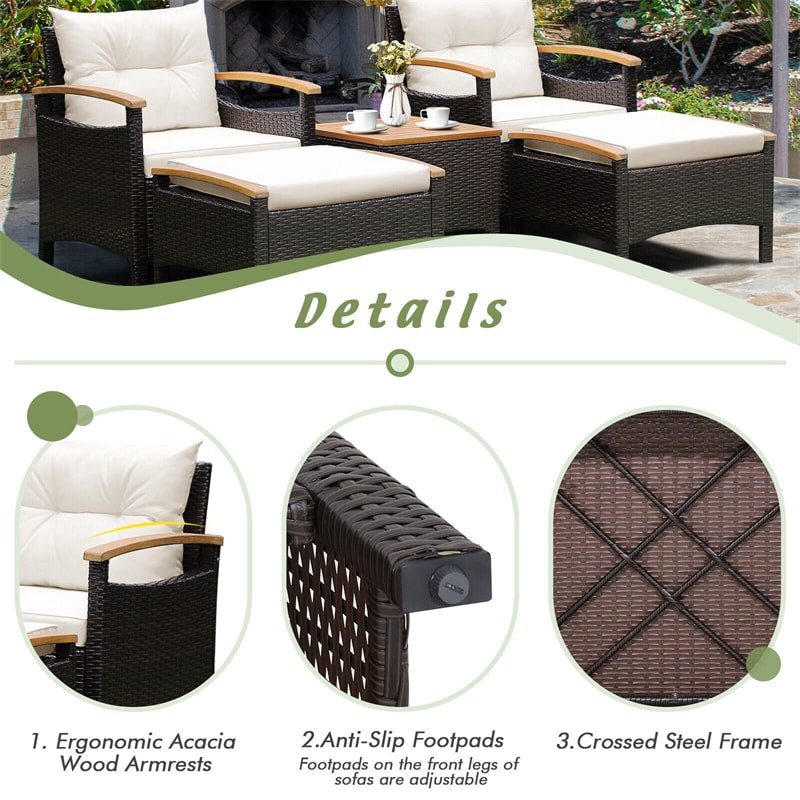 5PCS Patio Rattan Furniture Set Outdoor Sofa Chairs Ottomans with Acacia Wood Top Table, Wicker Conversation Set w/ Seat & Back Cushions for Backyard