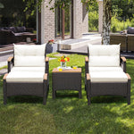 5PCS Patio Rattan Furniture Set Outdoor Sofa Chairs Ottomans with Acacia Wood Top Table, Wicker Conversation Set w/ Seat & Back Cushions for Backyard