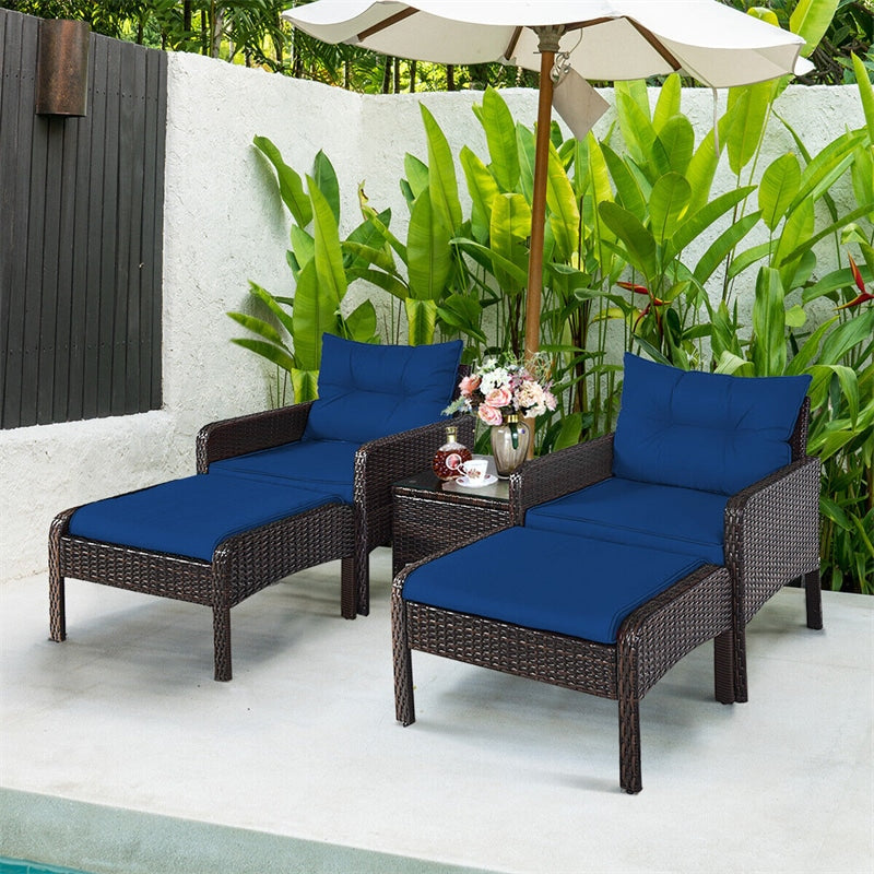 5 Pcs Rattan Patio Furniture Set Conversation Sofa Coffee Table Set with Cushioned Sofas & Ottomans