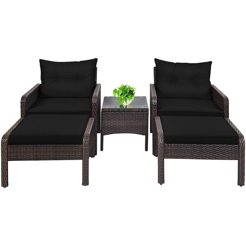 5 Pcs Rattan Patio Furniture Set Conversation Sofa Coffee Table Set with Cushioned Sofas & Ottomans