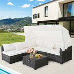 6PCS Rattan Patio Furniture Set with Retractable Canopy, 3-Seat Daybed Sofa, Cushions & Glass Coffee Table, All-Weather Outdoor Sectional Sofa Set