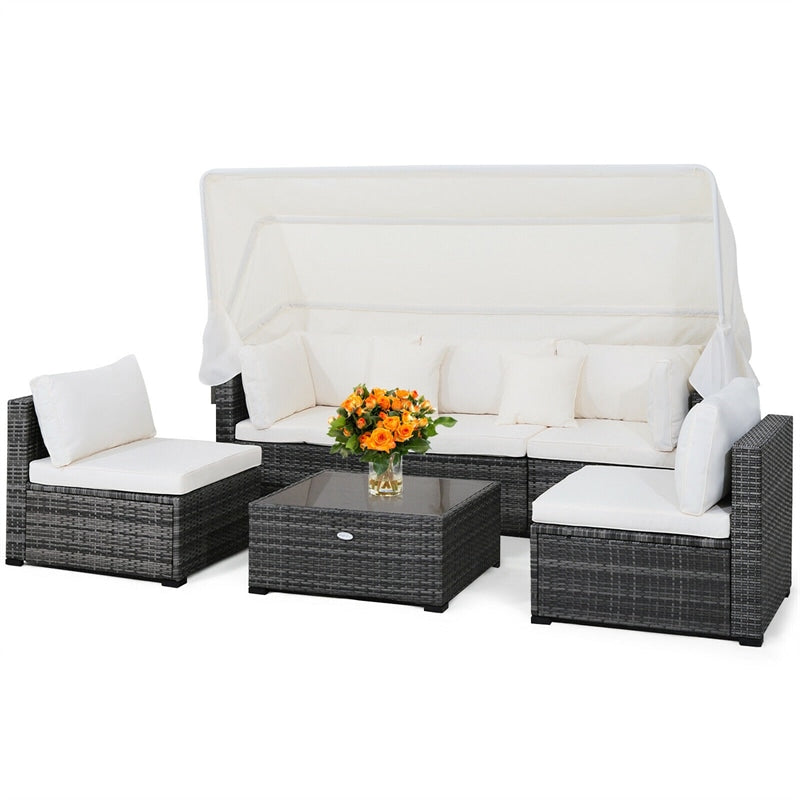 6PCS Rattan Patio Furniture Set with Retractable Canopy, 3-Seat Daybed Sofa, Cushions & Glass Coffee Table, All-Weather Outdoor Sectional Sofa Set